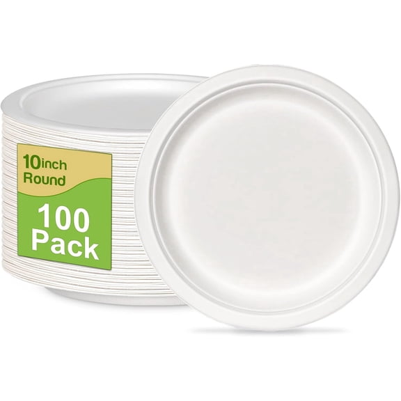 Paper Plates 10 inch Bulk, 100 Pack Compostable Paper Plates Heavy Duty, White Paper Plates Large Sturdy, Eco Friendly Disposable Plates, Paper Dinner Plates