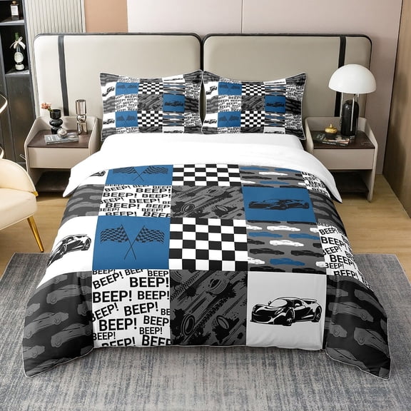 Full Size Duvet Cover Set Race Car Comforter Cover Set 100% Pure Cotton Racing Extreme Sport Games Duvet Cover Set (No Filler) Black White Blue Plaid Bedding Set 3 Pcs