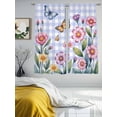 thumbnail image 3 of Pink Flowers Sheer Curtains 63 Inch Length 2 Panels Set Window Treatments, Spring Floral Butterfly Leaves Plants Blue Plaid Rod Pocket Semi Curtains for Living Room/Bedroom/Kitchen, 104"W x 63"L, 3 of 7