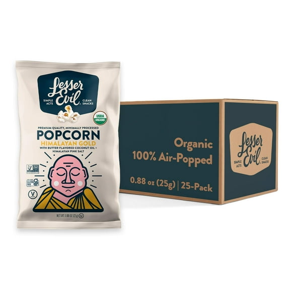 LesserEvil Himalayan Gold Organic Popcorn, No Artificial Ingredients, Coconut Oil, 0.88 Ounce (Pack of 25)
