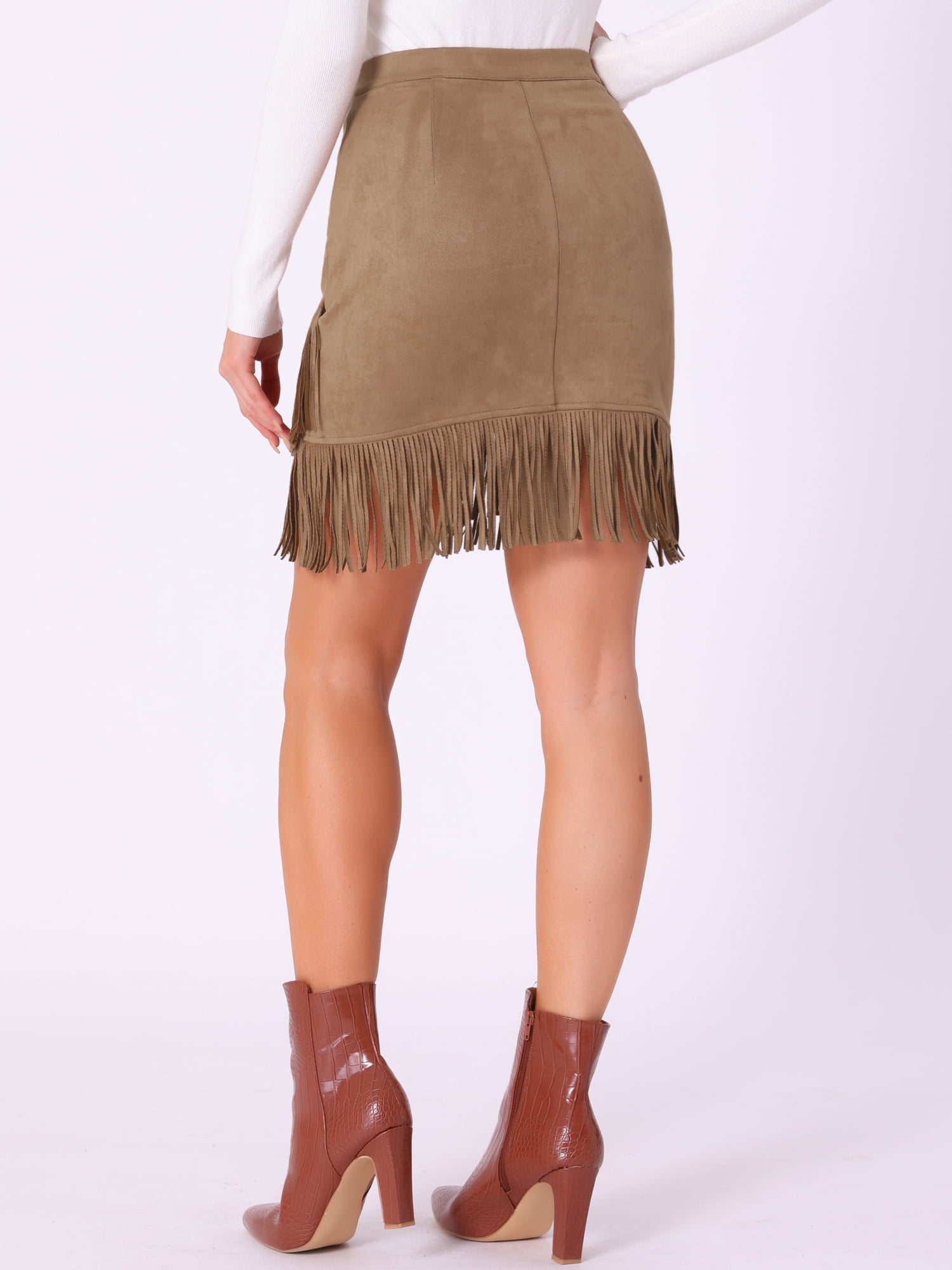 DARING DIVA Faux Suede Skirt for Women's Vintage High Waist Stretch Bodycon S Camel