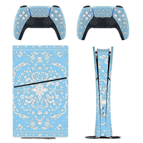 Skin Sticker for PS5 Slim Standard PS5 Pro Disc Digital Edition Console and Controllers Decals for Playstation 5 (Light Blue Bandana Print,PS5 Pro Disc Edition)