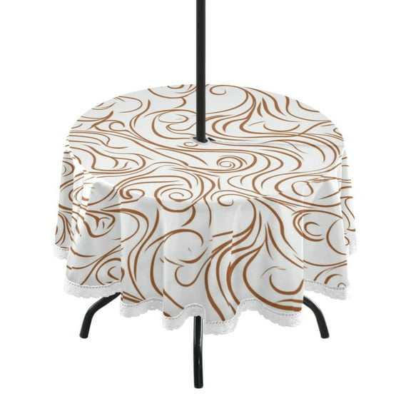 60" Outdoor Round Tablecloth with Umbrella Hole & White Lace Trim Waterproof Patio Table Cover for Garden, Kitchen, Dining Brown Swirling Lines