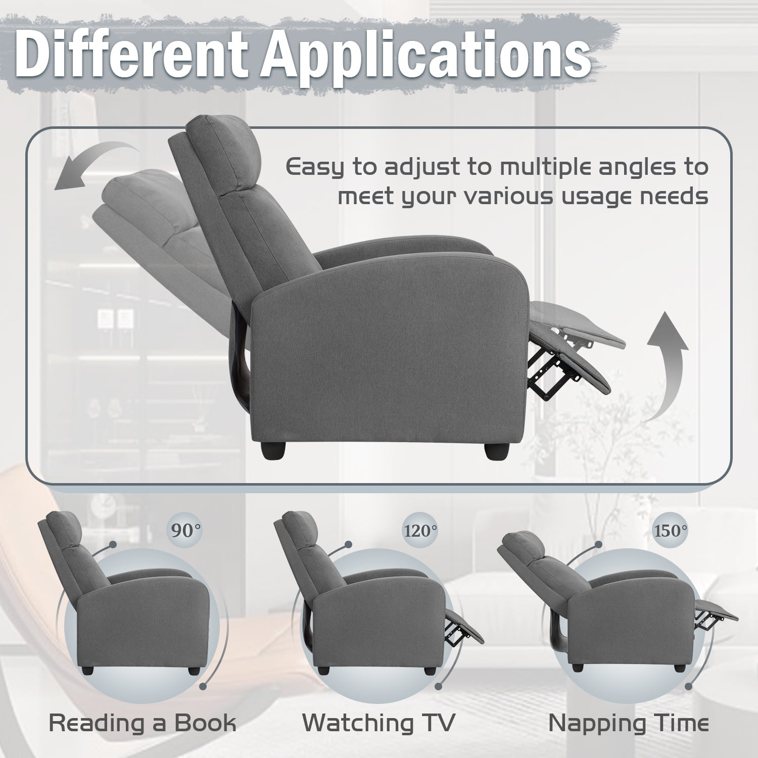Vineego Massage Sofa Chair,Adjustable Fabric Recliner Home Theater Seating with Padded Backrest and Thick Seat Cushion ,Gray