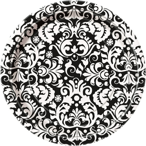 7" Black Damask Paper Dessert Plates, 8ct