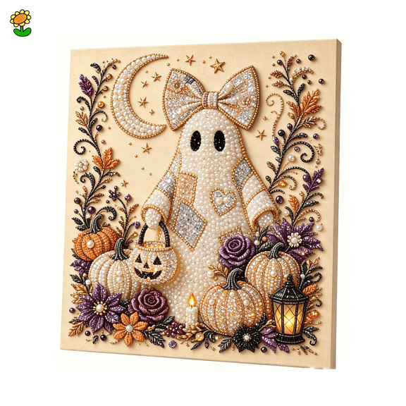Holiday Season Ghost Bead Diamond Painting Art,Halloween Ghost Pearl Art DIY Kit,Halloween Decor & Summerween Decor,Framed Canvas Adult Mindfulness Craft Kit-D