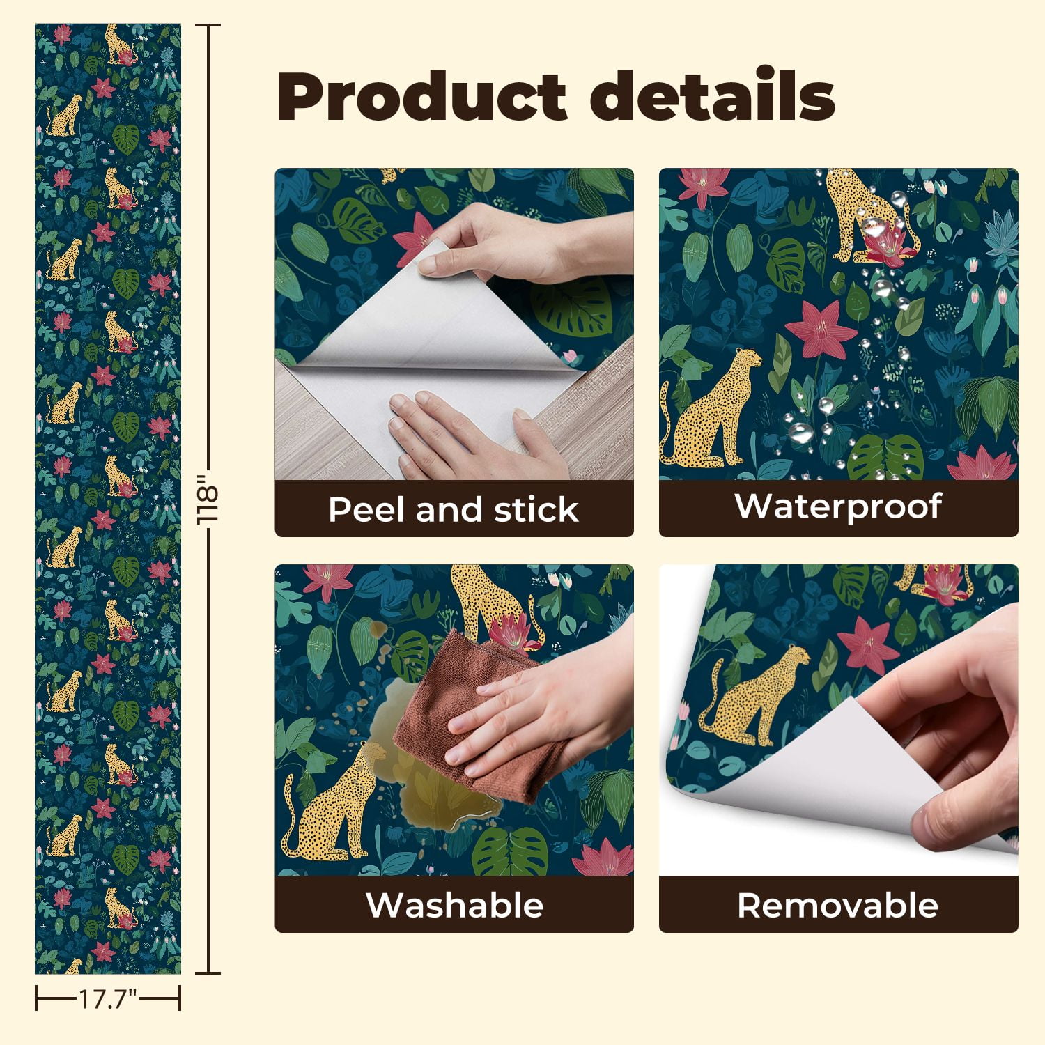Cheetah Peel and Stick Wallpaper 17.7in x 9.8ft Leopard Tropical Flowers Greenery Dark Contact Paper Vinyl Waterproof Self Adhesive Wall Paper for Bedroom Shelf Cabinet Renter Friendly