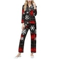 thumbnail image 2 of Conjunto de blusa y pantalón de manga larga con estampado de botones y cuello vuelto para mujer, blusa y pantalón de poliéster para mujer, 2 of 9