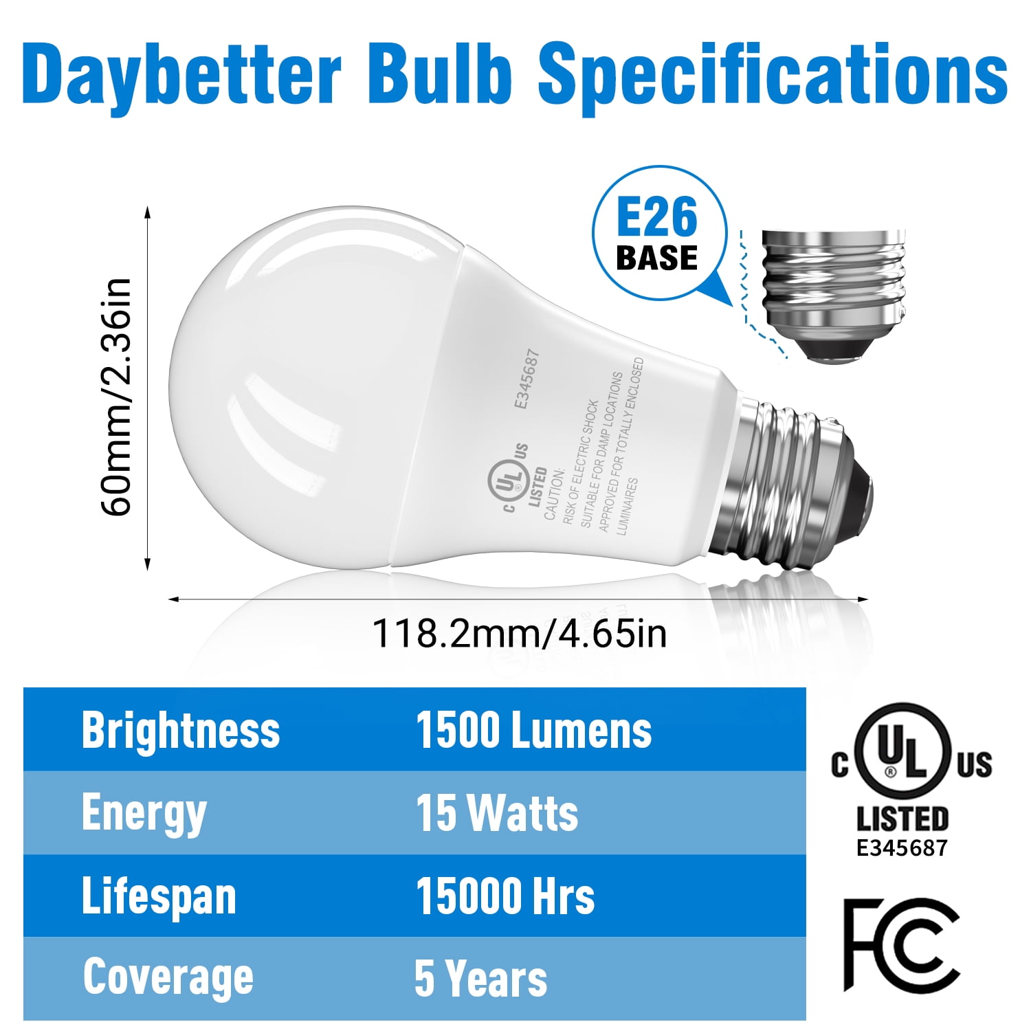 DAYBETTER A19 LED Light Bulbs, 100W Equivalent,5000K Daylight, 15W 1500 Lumens,E26 Standard Base,UL Listed,Lighting for Bedroom Living Room Home Office,24 Pack
