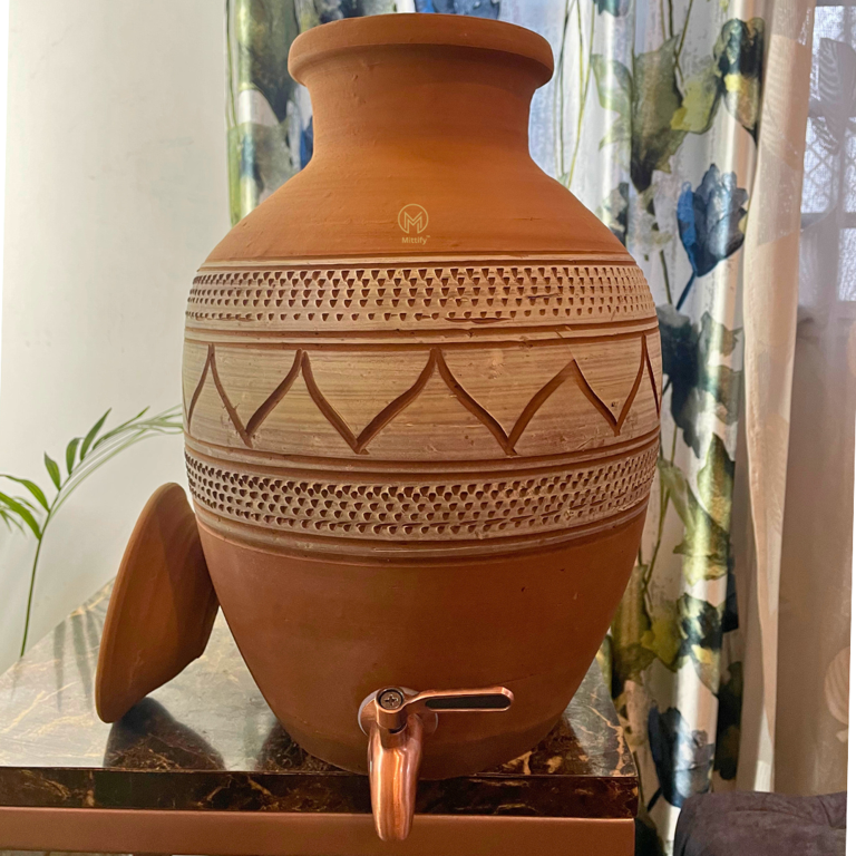Mittify Natural Clay Water Pot Mandala Art Design with Tap (270 oz