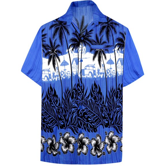 HAPPY BAY Men's Hawaiian Shirts Short Sleeve Button Down Shirt Men's Tropical Shirts Casual Vacation Summer Party Caribbean Shirts for Men Funny XS Dark Bushy, Blue