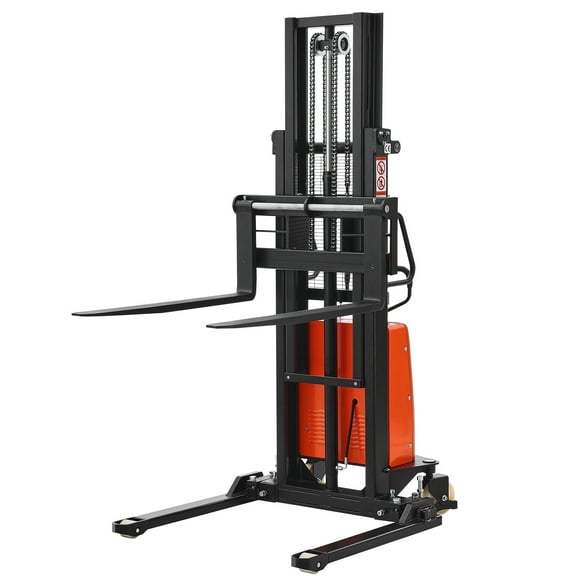 KFFKFF Semi-Electric Pallet Stacker, 3300 lbs Capacity, Forklift with Adjustable Straddle Legs, 96.06-Inch Lift Height & 8.3-33.86 Inch Fork Width, Orange and Black