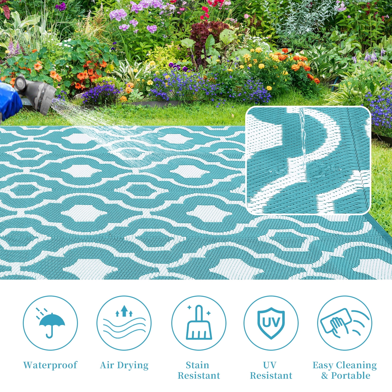 GlowSol 9'x12' Outdoor Rug Moroccan Style Plastic Straw Rug Waterproof Reversible Mat Outdoor Foldable Rug for Camping Patio Picnic, Light Blue White