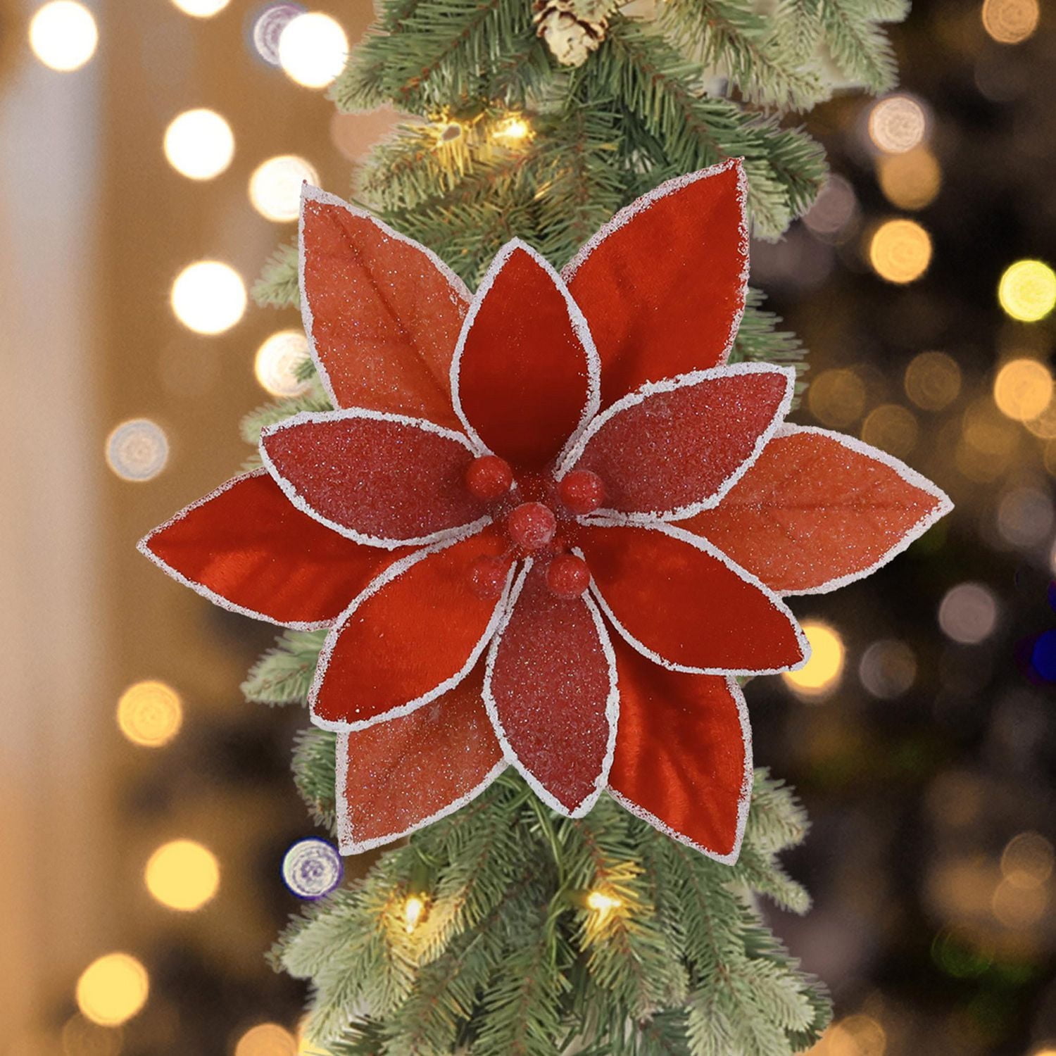 Holiday Time Red Glitter/Velvet Poinsettia Clip Ornament