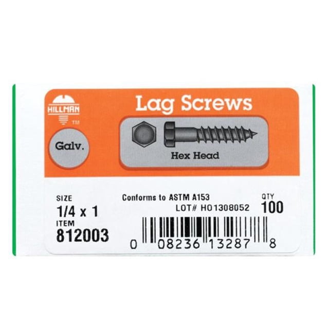 Hex Lag Screw, Galvanized, 1/4 x 1 In., 100-Pk. - 812003