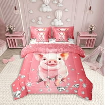 Erosebridal Kawaii Pig Bedding Sets Twin Size,Bling Crystal Comforter Sets With Sheets,Glitter Bedroom Decor,Reversible,Breathable,7Pcs