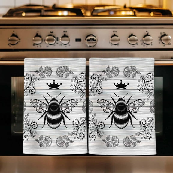 Vintage Bees Crowns Kitchen Towels Set of 4, Retro Leaves Rings Gray Wooden Absorbent Dish Towels for Kitchen, Microfiber Hand Towel, Quick Drying Tea Towel for Cleaning Decorative Dishcloths