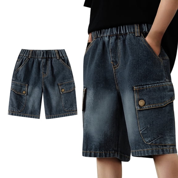 Boys Jean Shorts Straight Leg Loose Elastic Waist Boys Cargo Shorts Boys Jean Shorts Size 8-10 Years