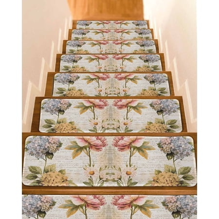 Vintage Hydrangea Floral Stair Treads for Wooden Steps Indoor Runner Rug Carpet Spring Botanical Flowers 4 Pieces Peel and Stick Staircase Step Treads Covers Washable Throw Door Mats 30 x8