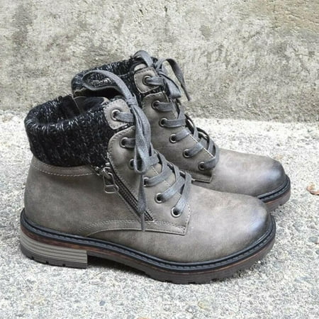 

Hvyes Boots Deals Teen Girls Round Toe Indoor Slip Resistant Patchwork Zipper Lace Up Short Boots Low Heel Boots Sneaker for Women Gray 6
