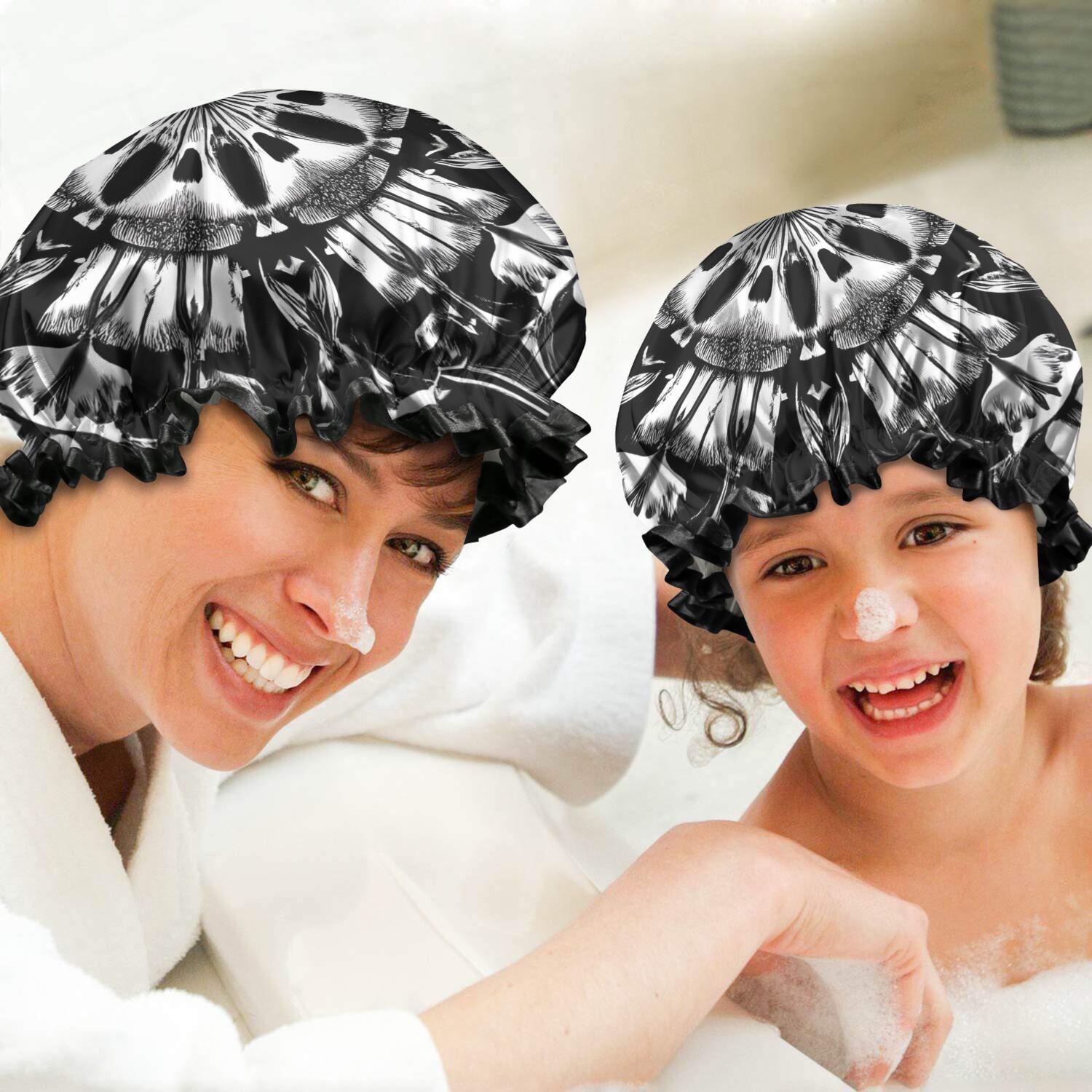 Shower Caps,Black White Tie Dye Mandala Pattern Waterproof Shower Cap for Women 4 Pieces,Double Reusable Hair Cover for Shower PEVA Elastic Stretch Hem