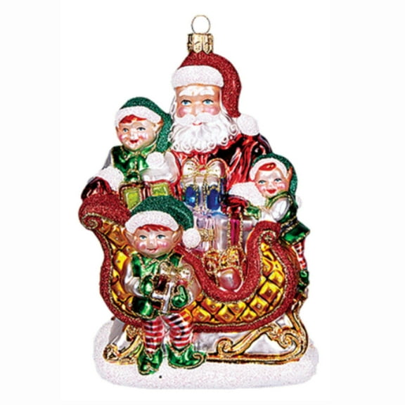 Santa with Elves and Present on Sled Polish Mouth Blown Glass Christmas Ornament