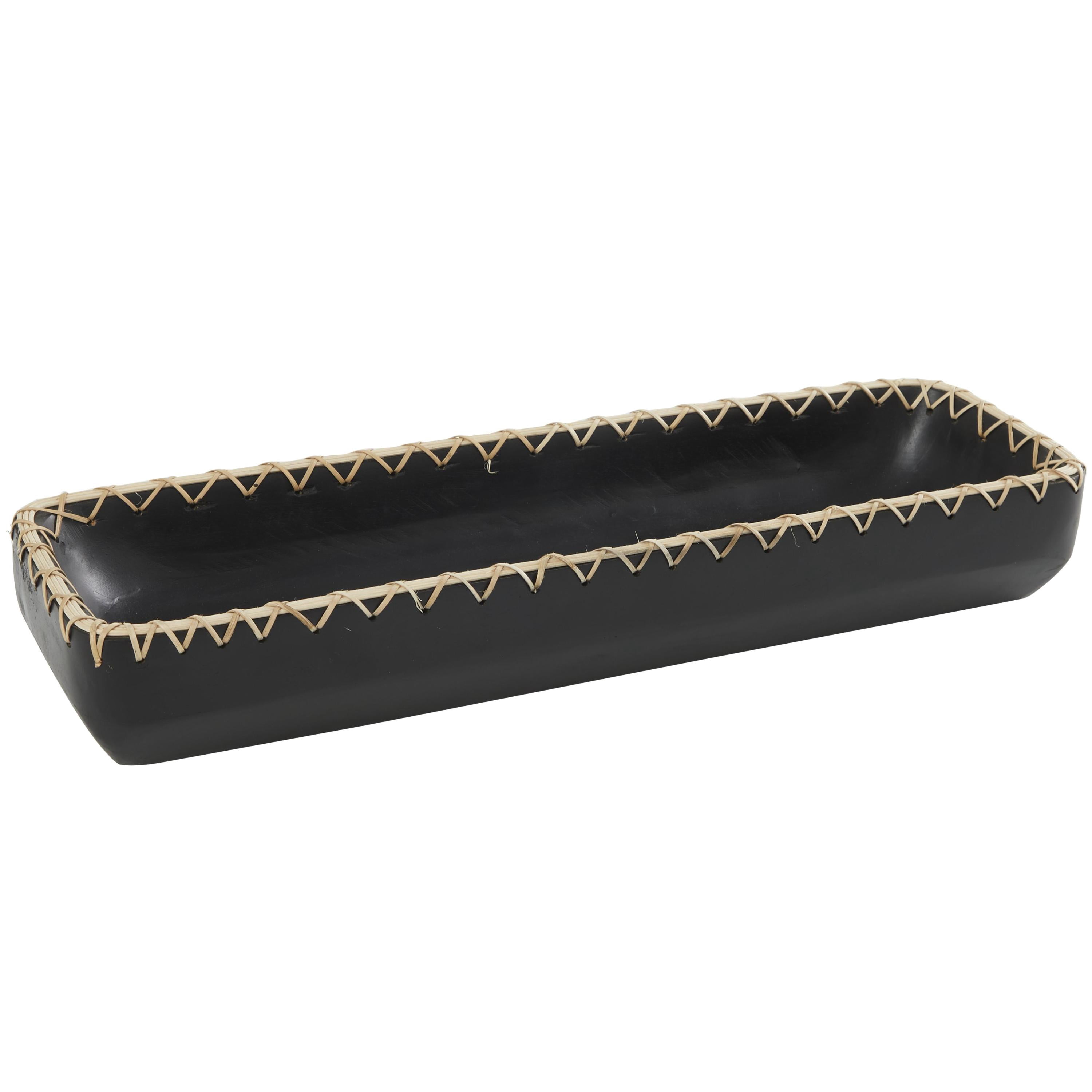 DecMode 24" x 7" Black Mango Wood Handmade Nesting Tray with Hand Sewn Seagrass Accents, 1-Piece