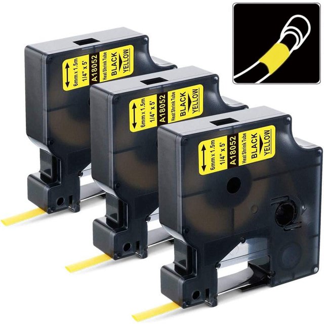 ORUYROP Aonomi Compatible Labels Tape Replacement for DYMO 18052 Heat Shrink Tube Compatible with DYMO Industrial Rhino 5200, 4200, 5000, 6000 Label Maker (1/4", Black on Yellow), 3-Pack
