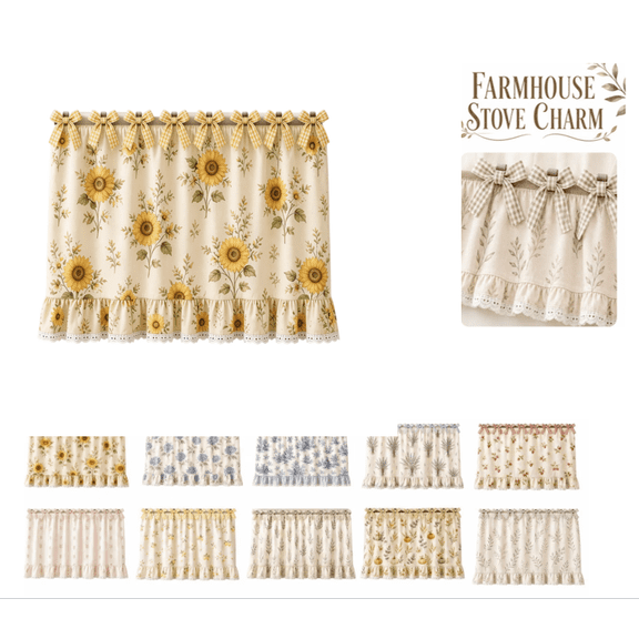 Cotton Blend Stove Oven Curtain, Farmhouse Style Kitchen Decor Curtain with Lace Ruffle Trim and Ribbon Ties, Decorative Oven Skirt Cover for Cottage & Home Kitchen