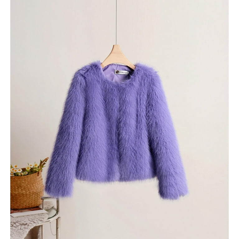 Hfyihgf Womens Cropped Coats Long Sleeve Crewneck Open Front Parka Shaggy Fuzzy Faux Fur Coat Jacket Winter Warm Outwear Purple XXL Walmart