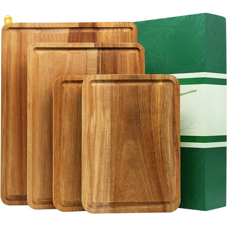 

Large Wood Cutting Boards Set of 4 for Kitchen Cheese Charcuterie Board (Gift Box Included) Acacia Butcher Block with Non-slip Mats Juice Groove and Handles (16x12 14x10 double 11x8 in