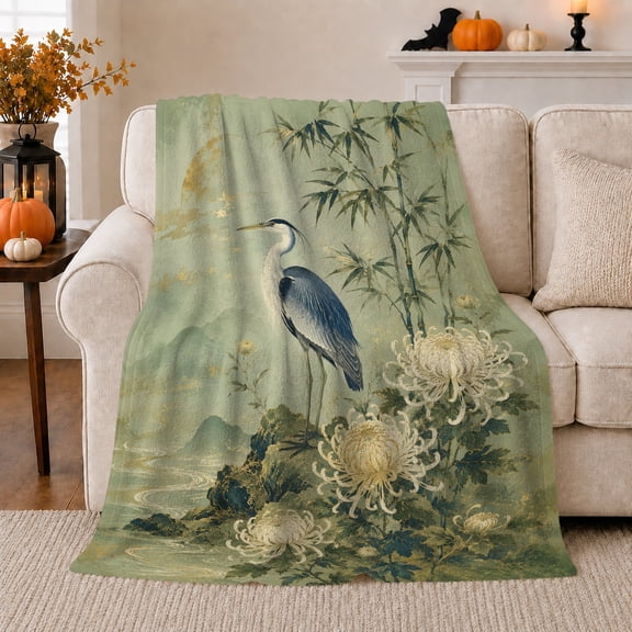 Heron bamboo chrysanthemum sage Flannel Blanket for bedroom tea room living room reading nook Home Decor serene garden Asian inspired nature art Gift for bird lovers
