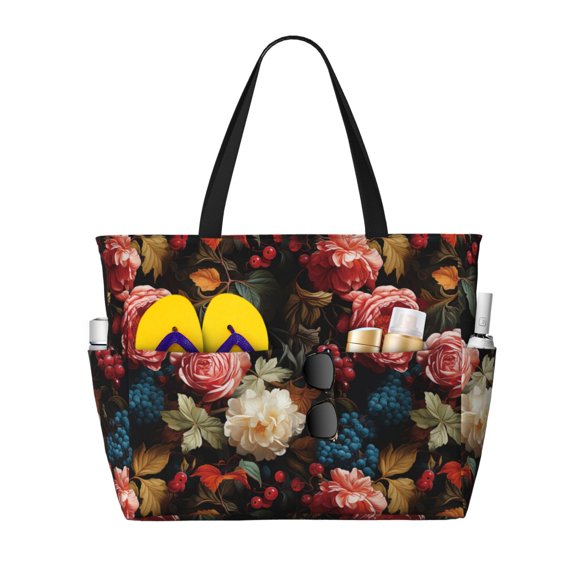 Pofeuu Rose Flowers Print Beach Bag,Waterproof Sandproof Beach Tote Bag, Large Capacity Foldable Beach Bags for Women
