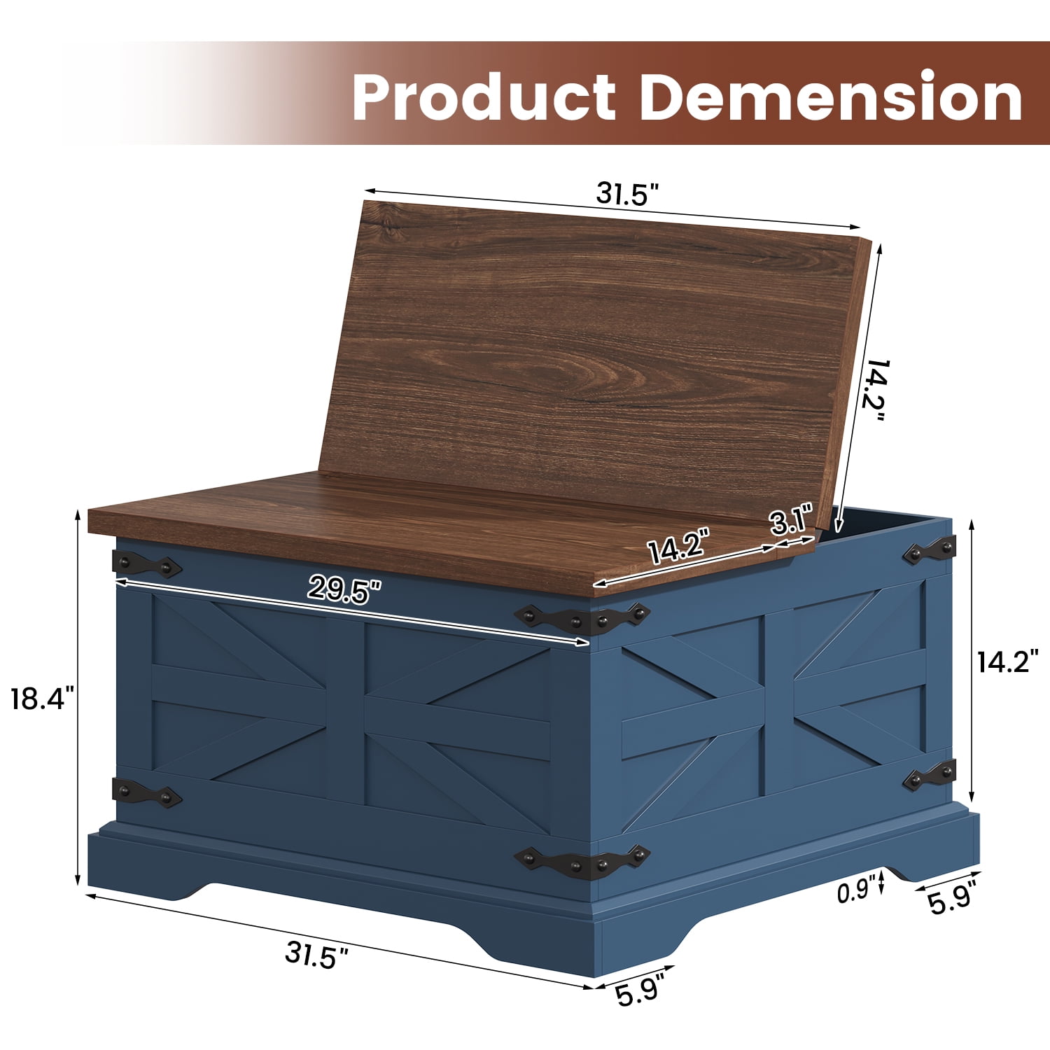 Frmobepts Farmhouse Coffee Table, Square Wood Center Table with Storage and Lift Top, Metal Corners for Living Room, Blue