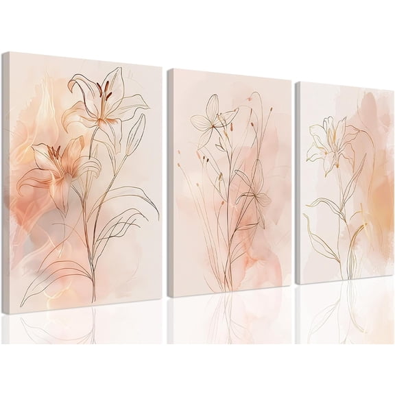 Fetyiu 3 Piece Boho Wall Art Floral Canvas Art Prints Lily Pictures Blush Pink Paintings Gold Line Artwork Wall Decor for Bedroom Bathroom Living Room 12x16in Framed