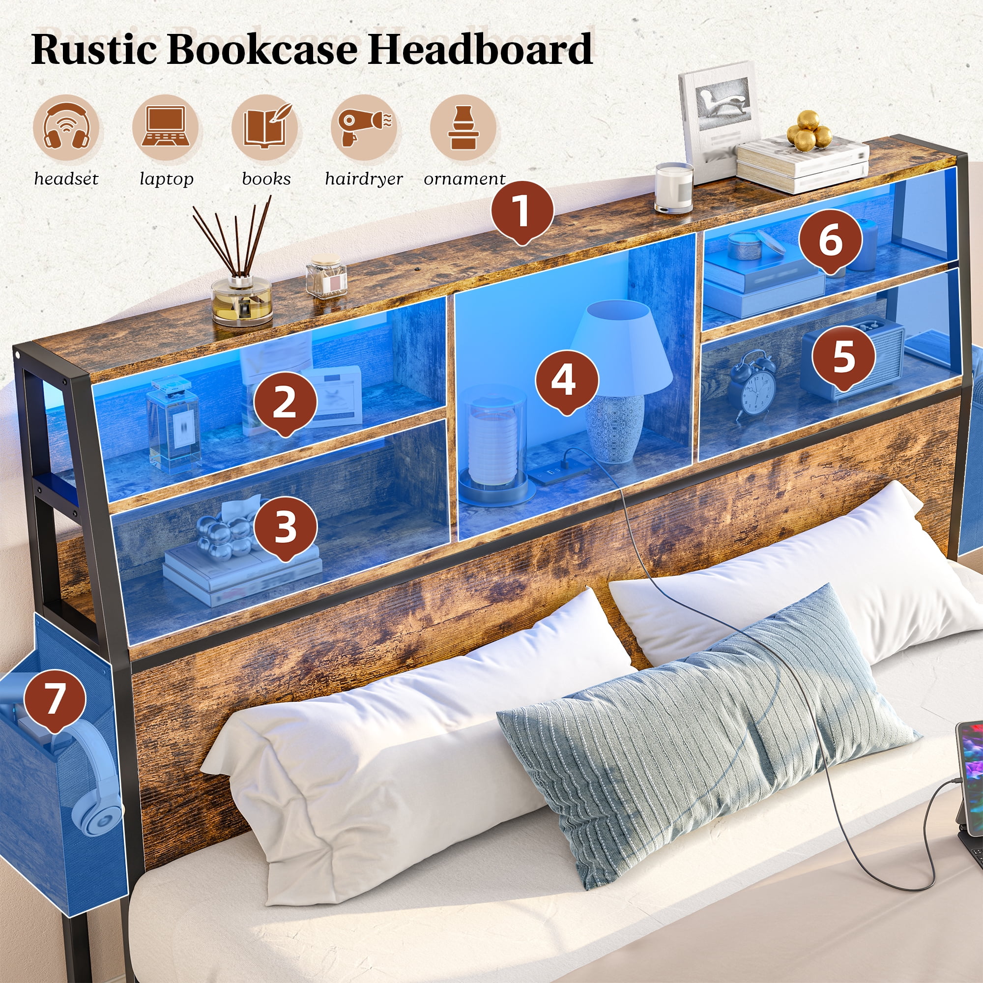 EnHomee Metal Bed Frame with 3-Tier Storage Headboard Queen Size Metal Bed Frame with 2 Underbed Drawers & 2 Bedside Fabric Drawers & LED Lights & Charge Station,Rustic Brown