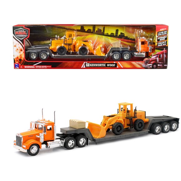 Kenworth W900 Truck with Lowboy Trailer Orange and Wheel Loader Yellow ""Long Haul Trucker"" Series 1/32 Diecast Model by New Ray