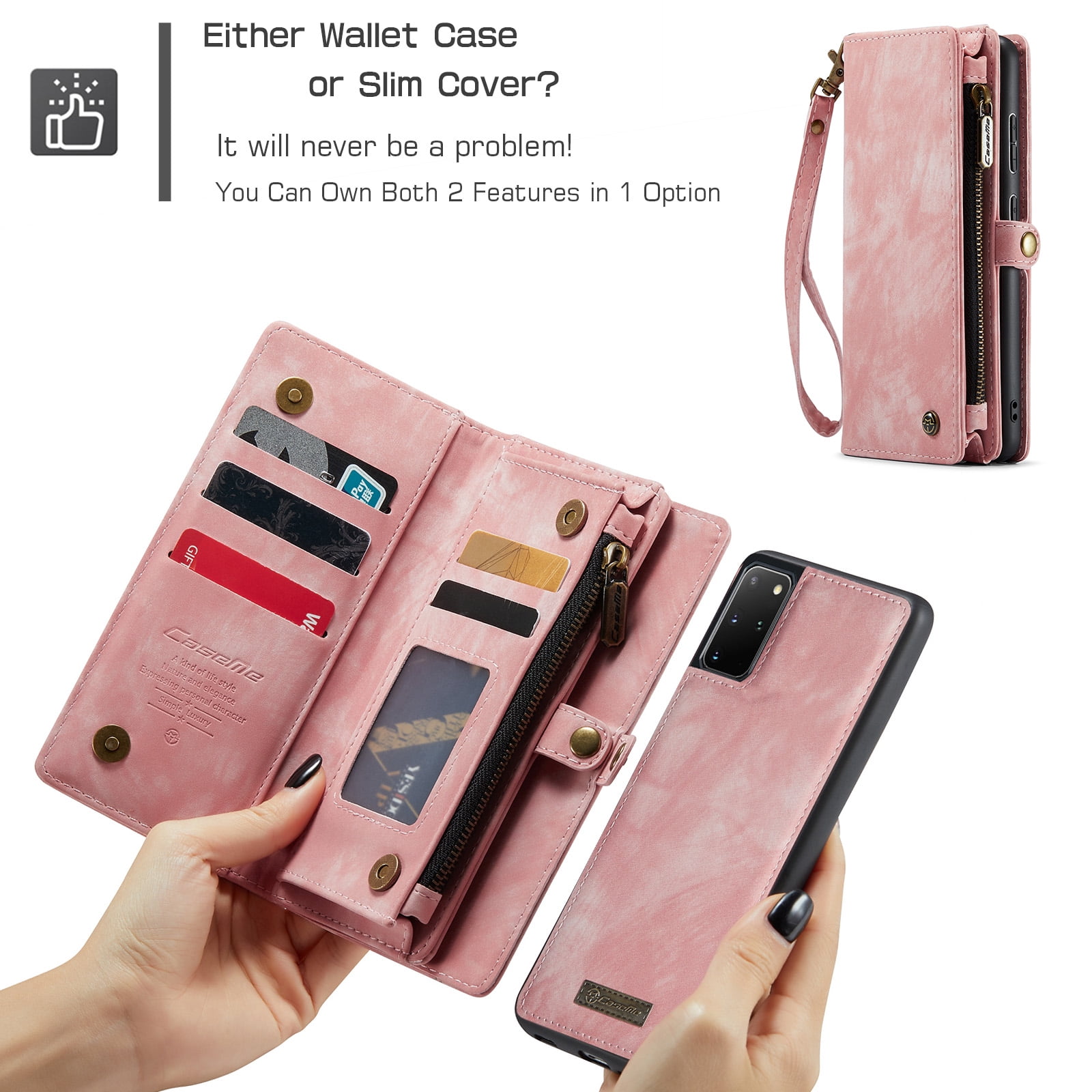 Feishell Durable 2-In-1 Magnetic Detachable Wallet Case for Samsung Galaxy S20+,for Women Men,Premium PU Leather Zipper Pocket Flip Multi Card Slots Purse Phone Case with Wrist Strap,Pink