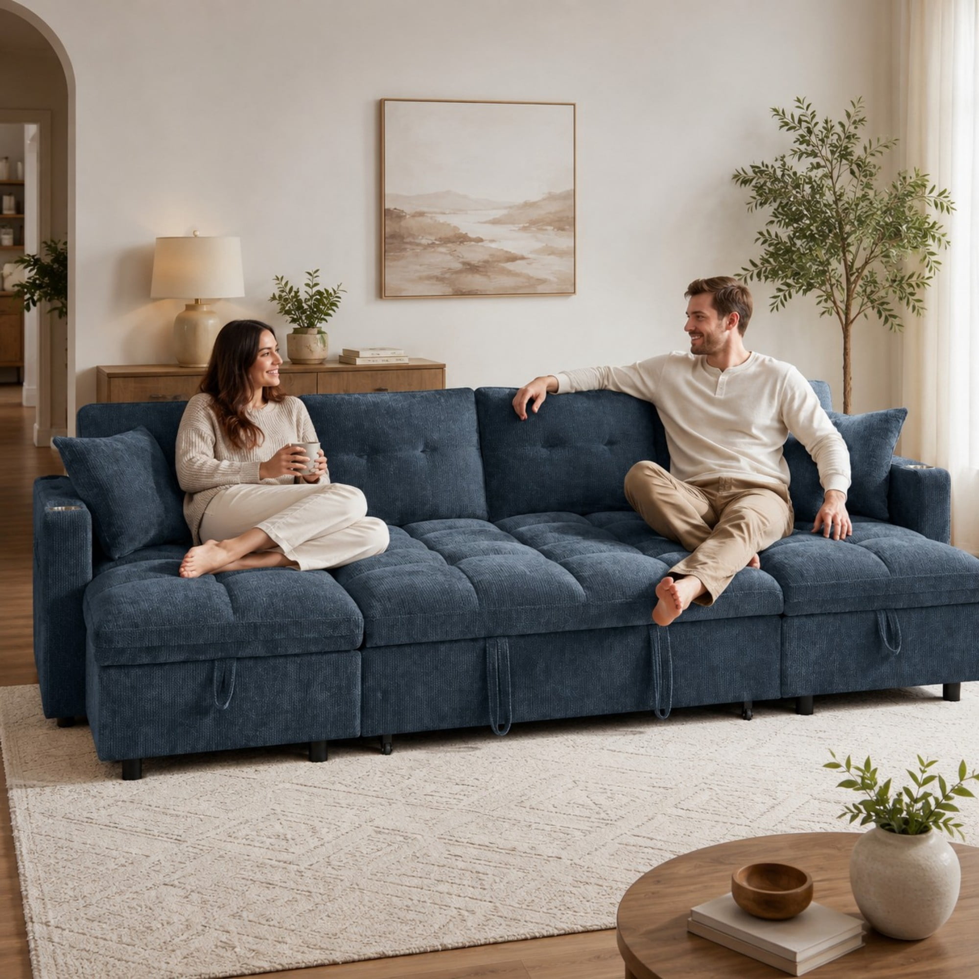 DEALTOPS 108" Chenille U-Shaped Sectional Pull Out Sleeper Sofa Bed with Storage Chaise, USB & Tray Table, Blue