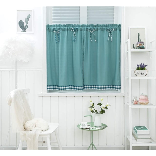 Curtains Small Windows Short Country Style Vintage Opaque Disc Curtains Short Curtains Curtain Short Curtain Modern Kitchen Checkered Set of 2(Blue,137*61)