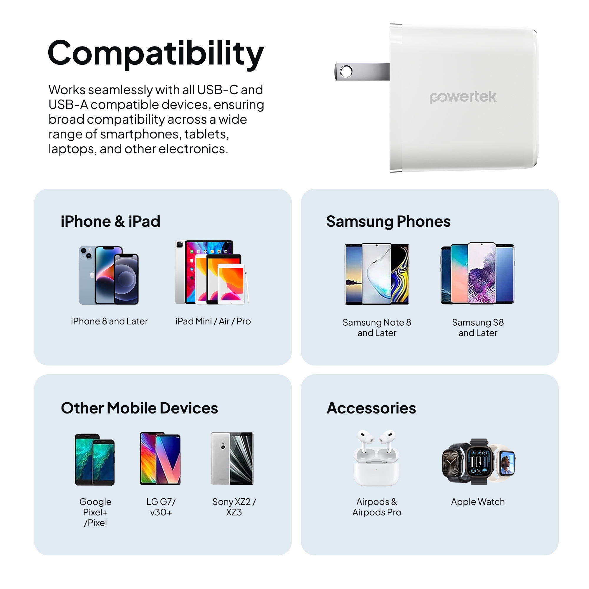 Powertek 20W USB-C PD + USB-A Dual Port Wall Charger, White