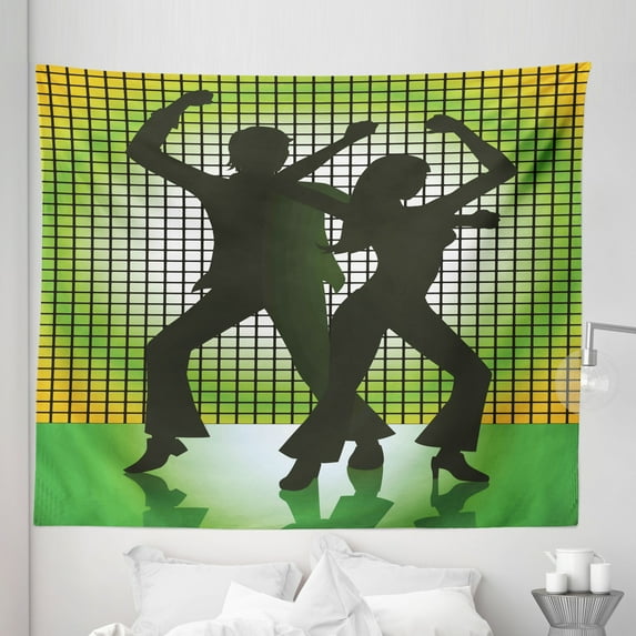 Party Tapestry, Silhouette Illustration of Couple Dancing in Disco Love, Fabric Wall Hanging Decor for Bedroom Living Room Dorm, 5 Sizes, Pale Green Dark Green, by Ambesonne