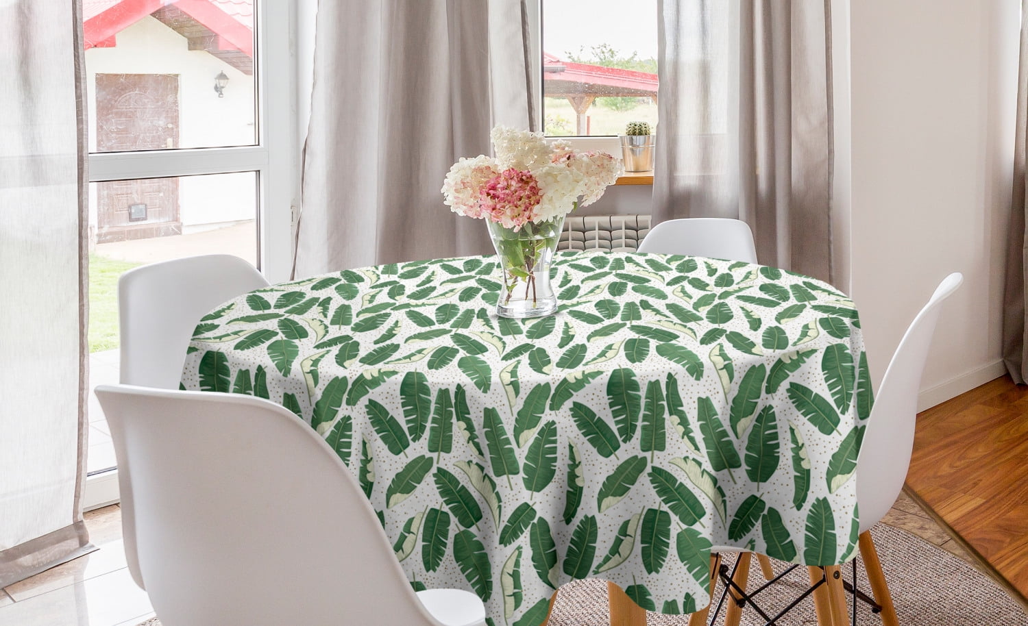 Floral Round Tablecloth, Tropical Exotic Summer Themed Banana Leaves in
