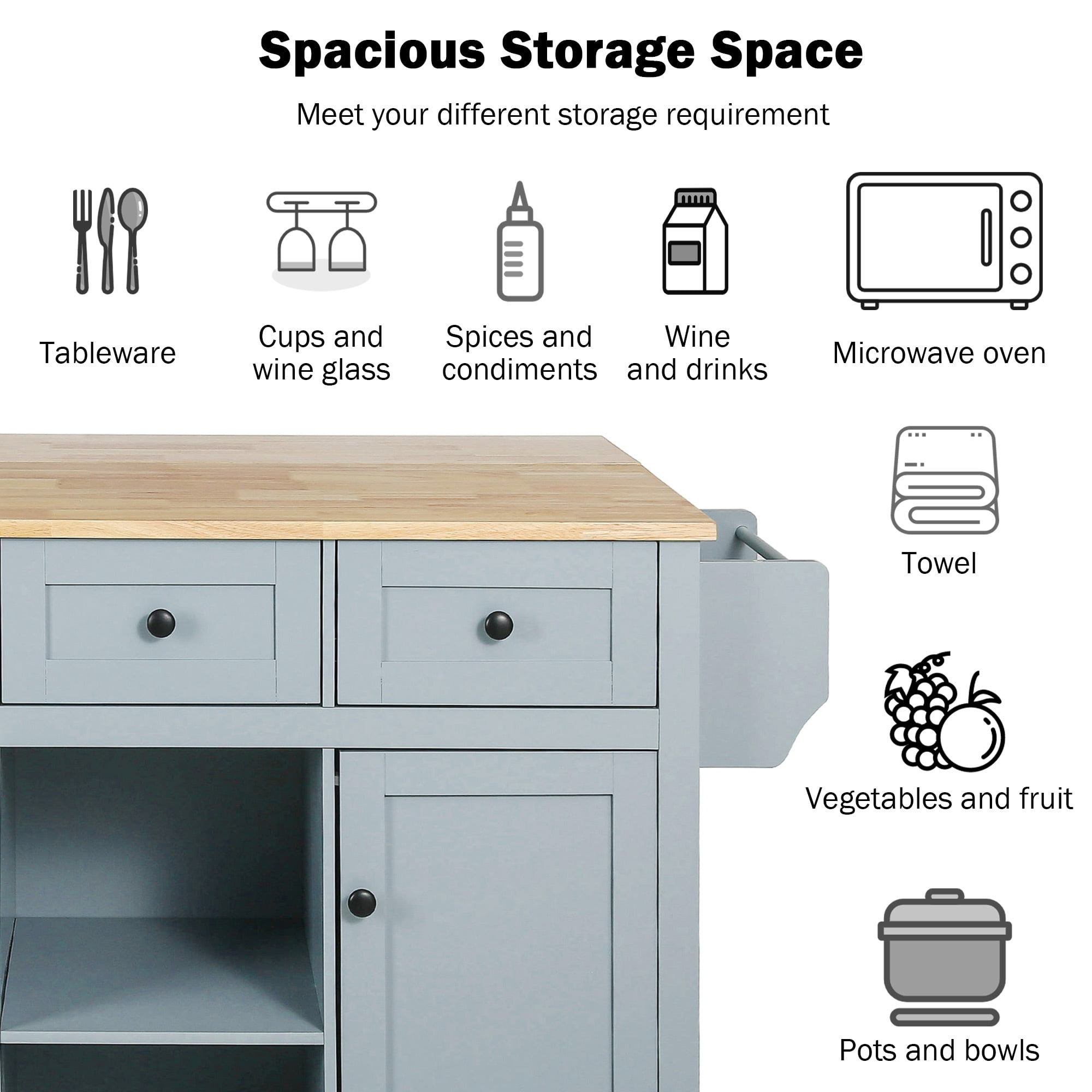 Chords Attic Kitchen Island with Storage, Moveable Kitchen Storage Cart with Drop Leaf, Drawers and Shelves for Dining Room