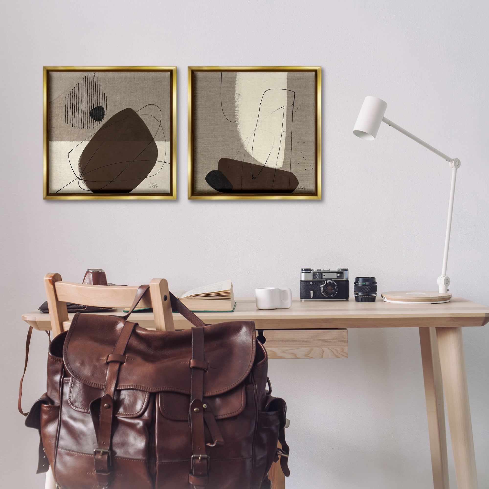 Stupell Industries Brown Hidden Lines Abstract Painting Gold Floater Framed Canvas Art Print Wall Art, 18 x 18, Set of 2