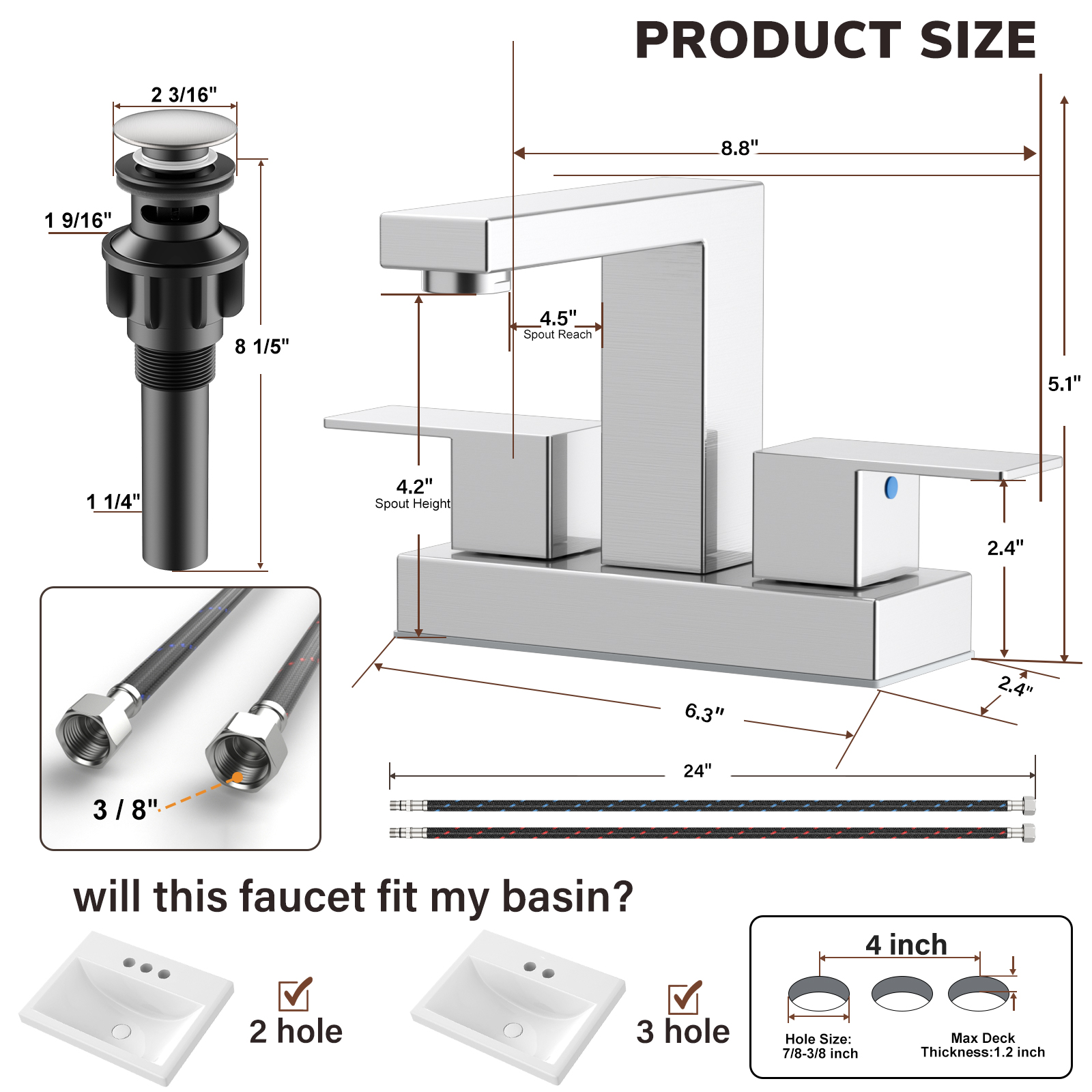 KINGTACK Bathroom Faucets, 4 Inch Brushed Nickel Bathroom Faucets for Sink 3 Hole, 2 Handle Bathroom Sink Faucets with Pop-up Drain and Supply Lines