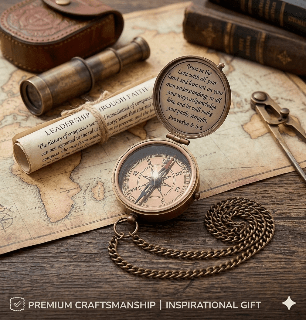 Engraved Brass Pocket Compass with Leather Case - Proverbs 3:5-6 Scripture Religious Gift - Working Nautical Compass for Men, Boys, Baptism, Confirmation, Graduation - Christian Keepsake