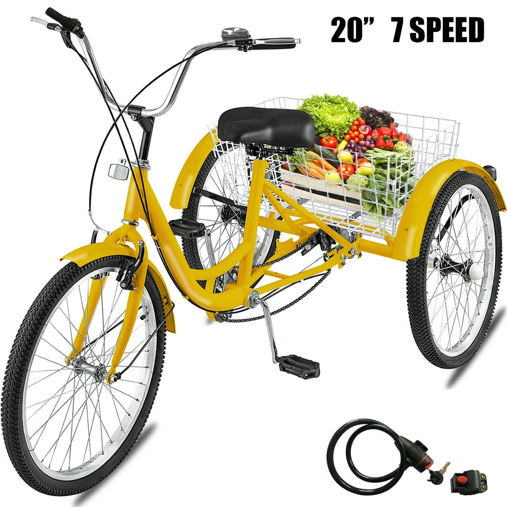 VEVOR Adult Tricycle 20 inch, Three Wheel Bikes 7 Speed, Yellow Tricycle with Bell Brake System VEVOR Adult Tricycle 20 inch, Three Wheel Bikes 7 Speed, Yellow Tricycle with Bell Brake System