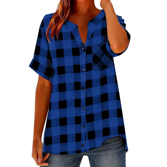 Rutainlusire Women's Tops Trendy Comfy V-Neck Short Sleeve Plaid Button Down Shirt Women Loose Casual Linen Short Sleeved Tops Button-up Shirt