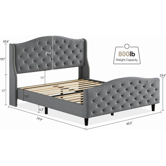 Queen Size Platform Bed Frame with Wingback Headboard, Velvet Upholstered Bed Frame with Nailhead Trim, Queen Platform Bed Frame with Wooden Slats Support,Gray